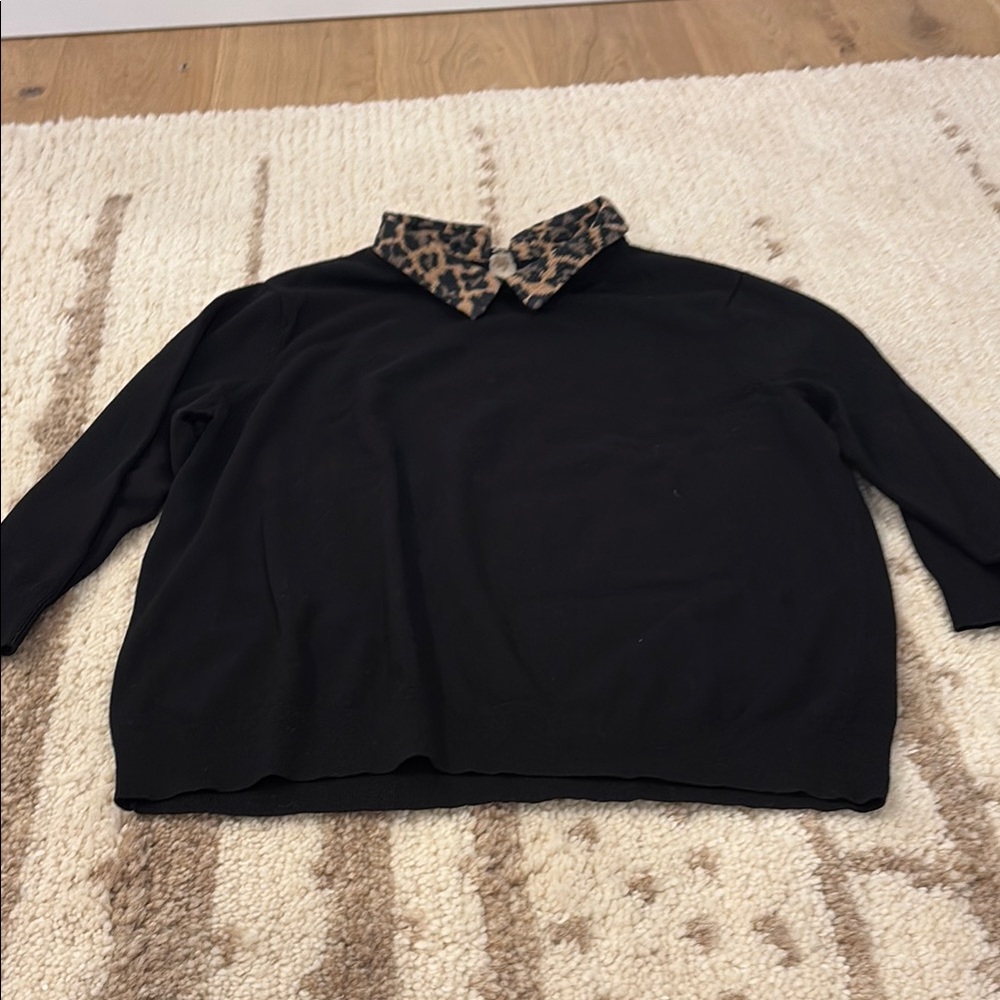 Black Sweater with Leopard Print Collar Talbots size XL petite